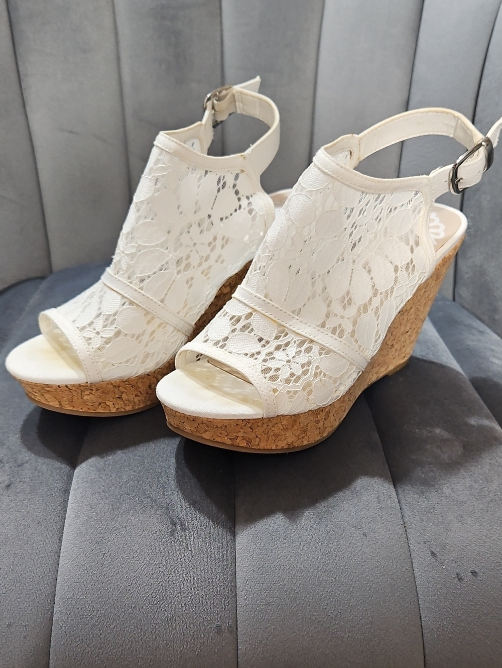 Fergalicious White Lace Cork Wedge Sandals